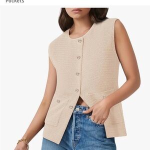 Sleeveless Button-Front Knit Sweater Vest Top w/ Gold Buttons
